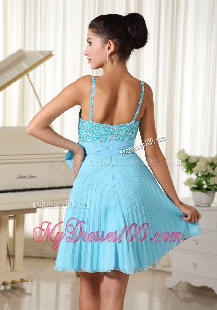 Spaghetti Straps Beaded Decorate and Bow Aqua Blue Evening Dress