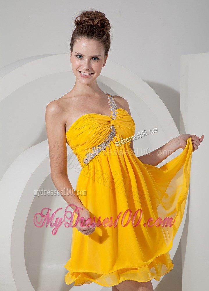 One Shoulder Yellow Empire Beading Evening Dress in Mini-length
