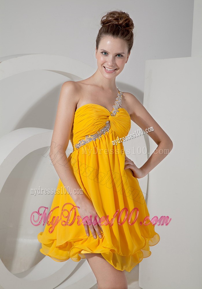 One Shoulder Yellow Empire Beading Evening Dress in Mini-length