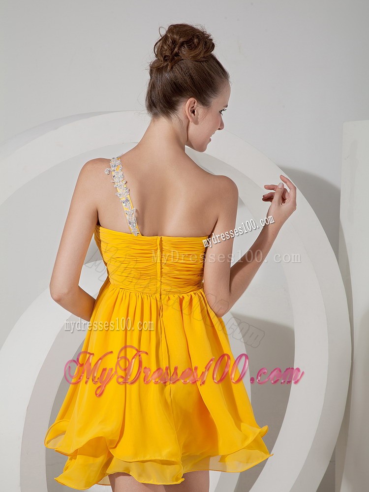 One Shoulder Yellow Empire Beading Evening Dress in Mini-length