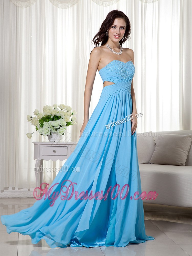 Aqua Blue Empire Sweetheart Brush Train Beading Prom Dress