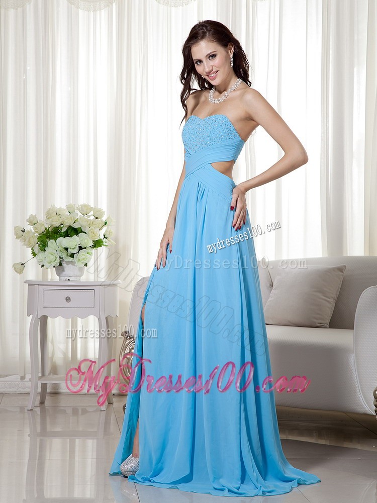 Aqua Blue Empire Sweetheart Brush Train Beading Prom Dress