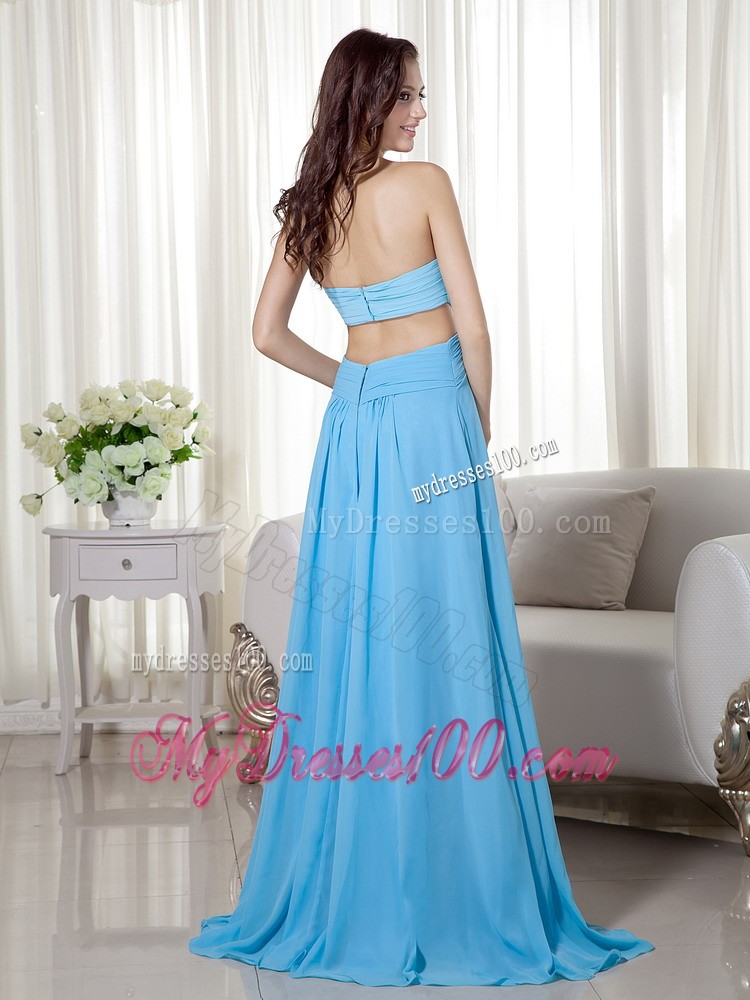 Aqua Blue Empire Sweetheart Brush Train Beading Prom Dress