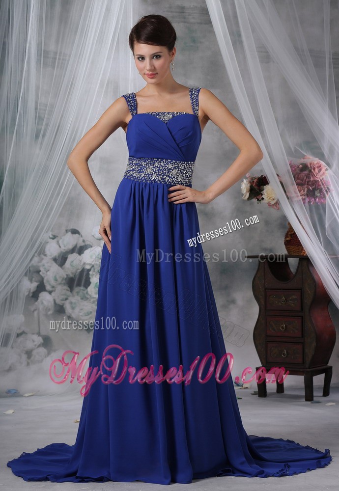 Beaded Decorate Straps and Waist Brush Train Royal Evening Dress