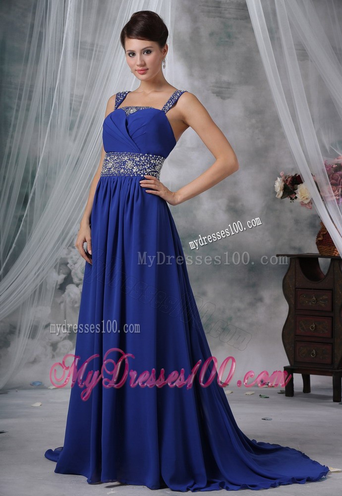 Beaded Decorate Straps and Waist Brush Train Royal Evening Dress