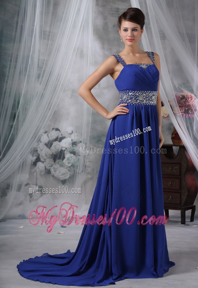 Beaded Decorate Straps and Waist Brush Train Royal Evening Dress