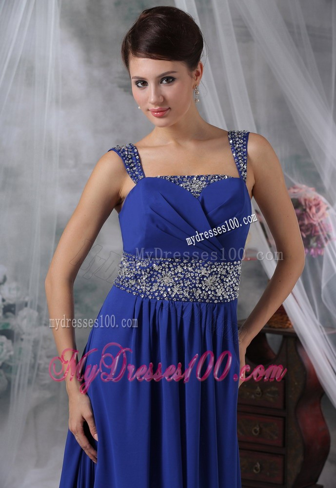 Beaded Decorate Straps and Waist Brush Train Royal Evening Dress