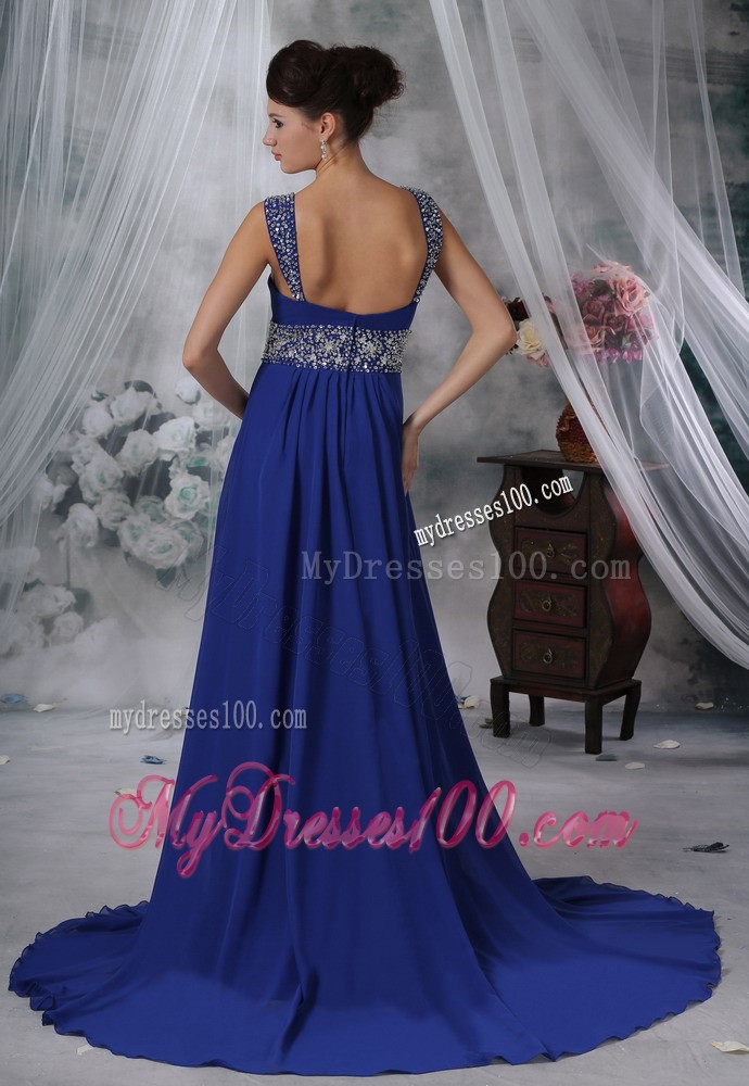 Beaded Decorate Straps and Waist Brush Train Royal Evening Dress