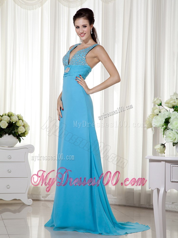 Baby Blue Column V-neck Prom / Celebrity Dress Brush Train Chiffon Beading