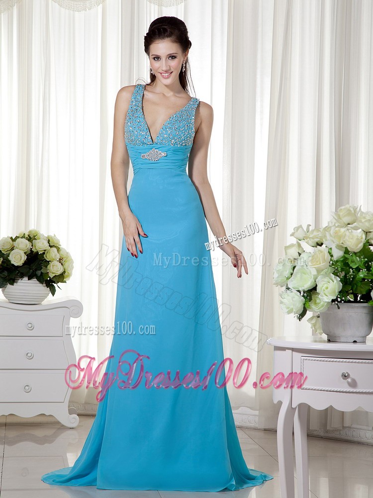 Baby Blue Column V-neck Beading Evening Dress with Brush Train