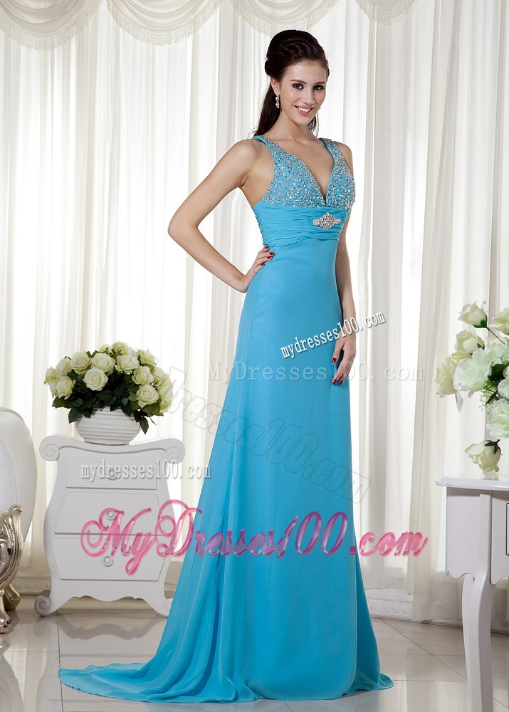 Baby Blue Column V-neck Beading Evening Dress with Brush Train
