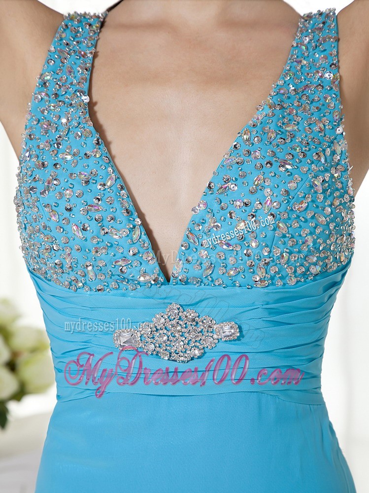Baby Blue Column V-neck Beading Evening Dress with Brush Train