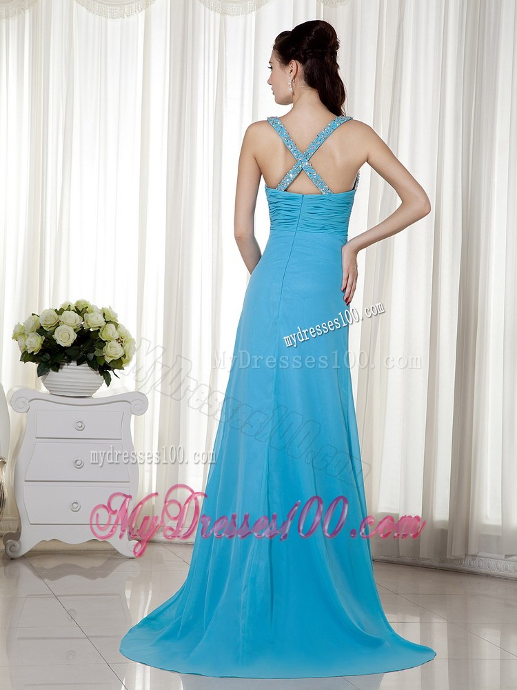 Baby Blue Column V-neck Prom / Celebrity Dress Brush Train Chiffon Beading