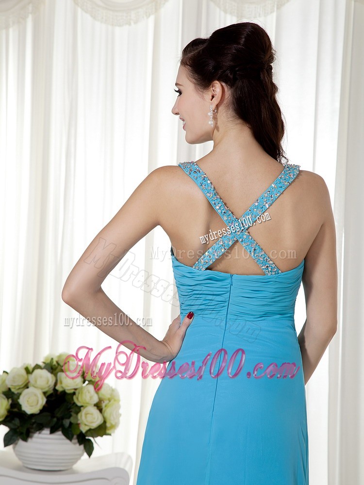 Baby Blue Column V-neck Prom / Celebrity Dress Brush Train Chiffon Beading