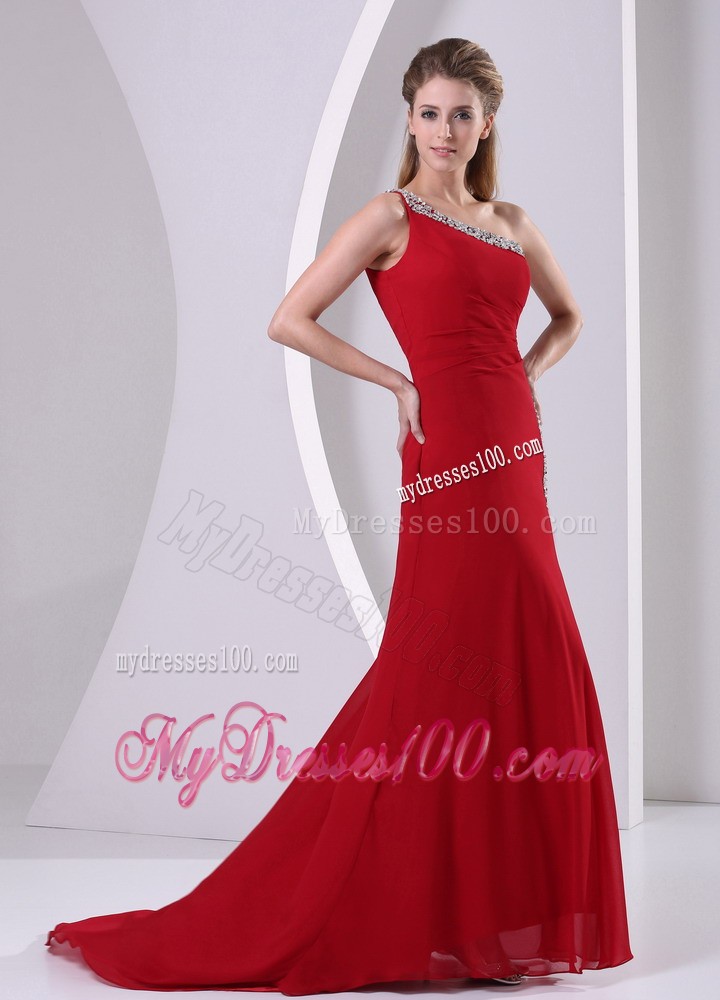 Wine Red High Slit Beaded Decorate One Shoulder Evening Dress