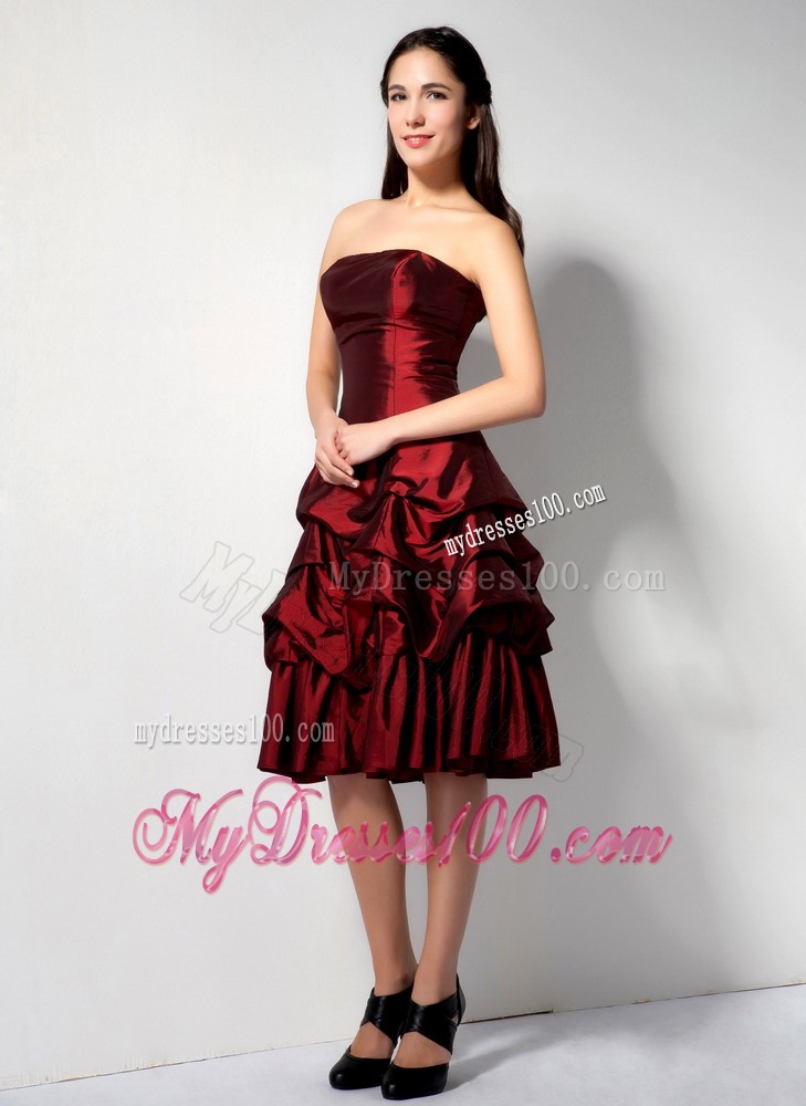 Burgundy Strapless Knee-length Pick-ups Evening Prom Dress