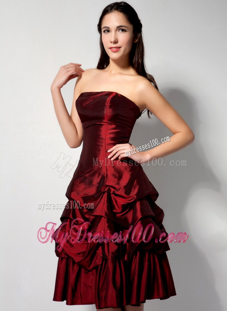 Burgundy Strapless Knee-length Pick-ups Evening Prom Dress