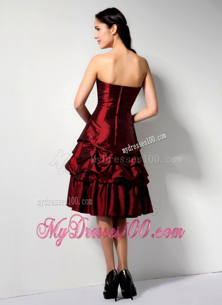 Burgundy Strapless Knee-length Pick-ups Evening Prom Dress