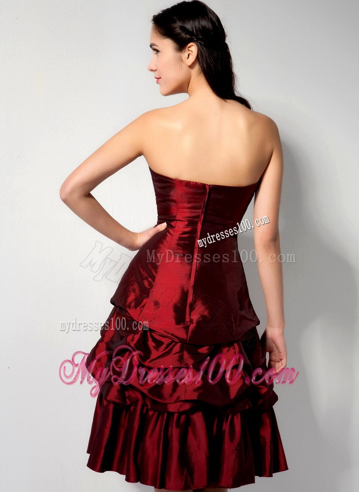 Burgundy Strapless Knee-length Pick-ups Evening Prom Dress