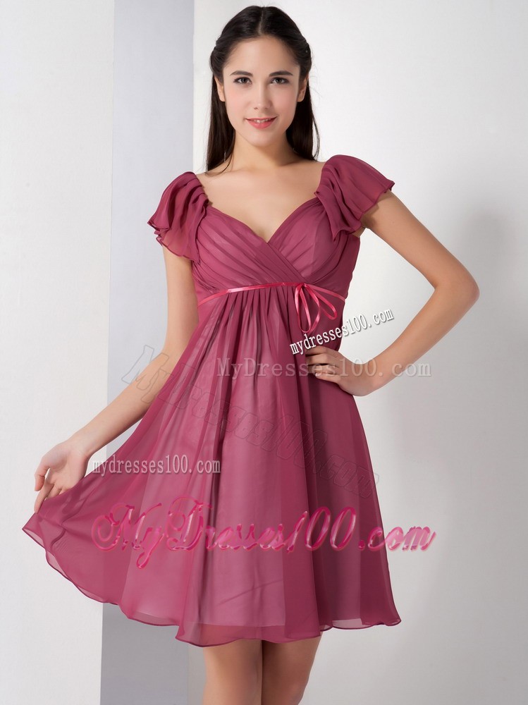 Burgundy V-neck Knee-length Prom Evening Dress with Ruching