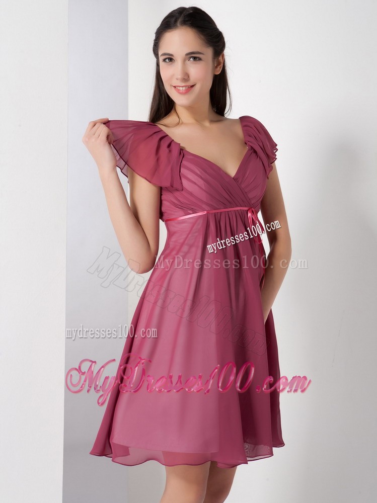 Burgundy V-neck Knee-length Prom Evening Dress with Ruching