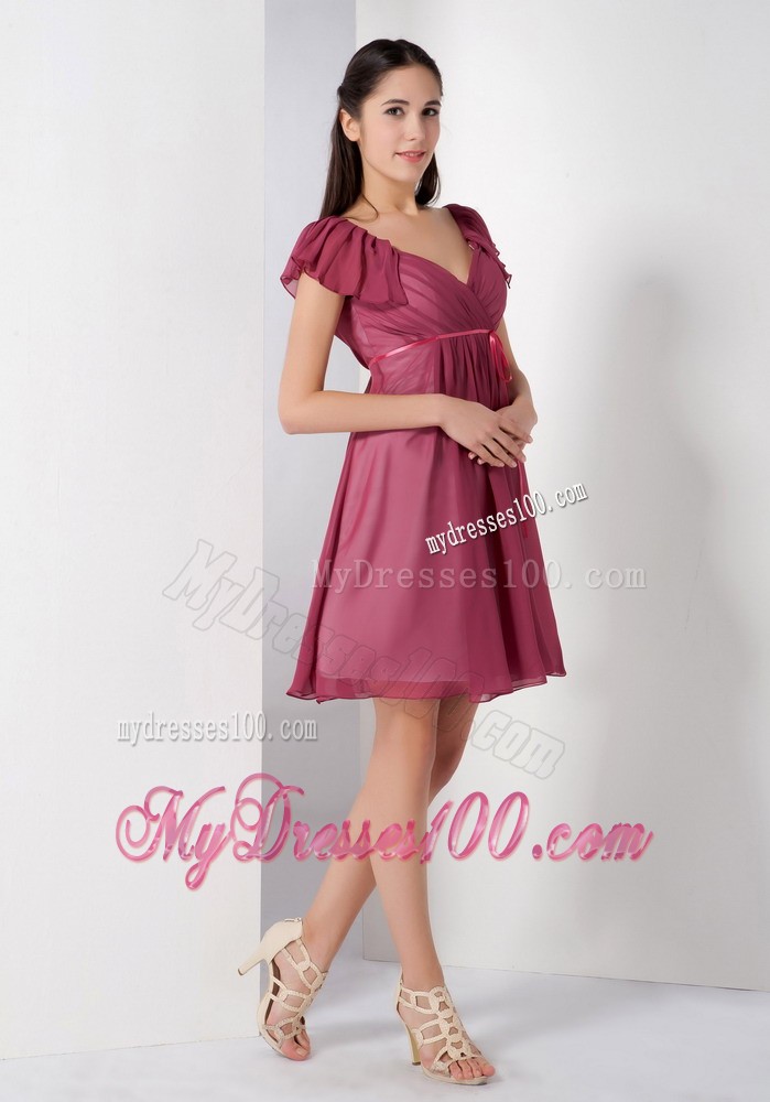 Burgundy V-neck Knee-length Prom Evening Dress with Ruching