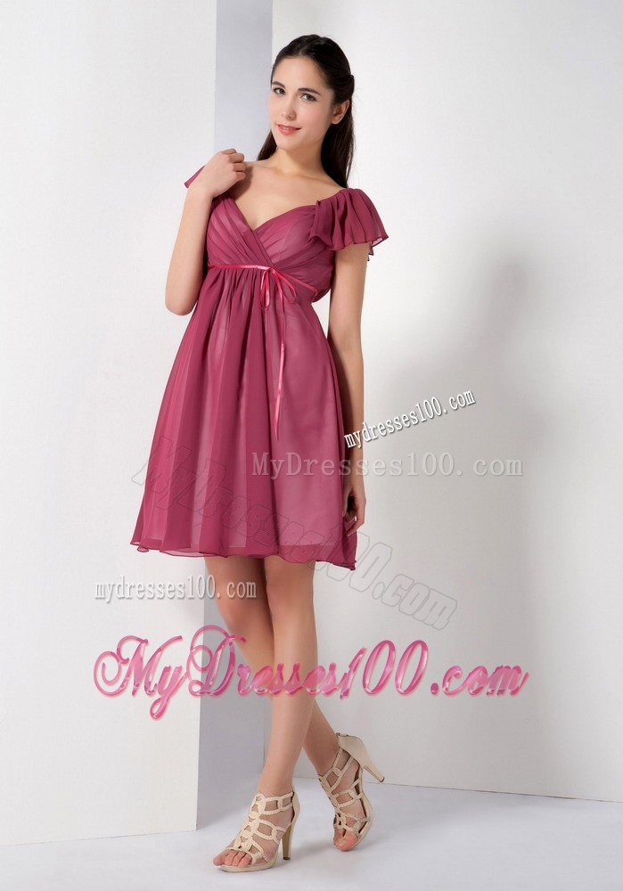 Burgundy V-neck Knee-length Prom Evening Dress with Ruching