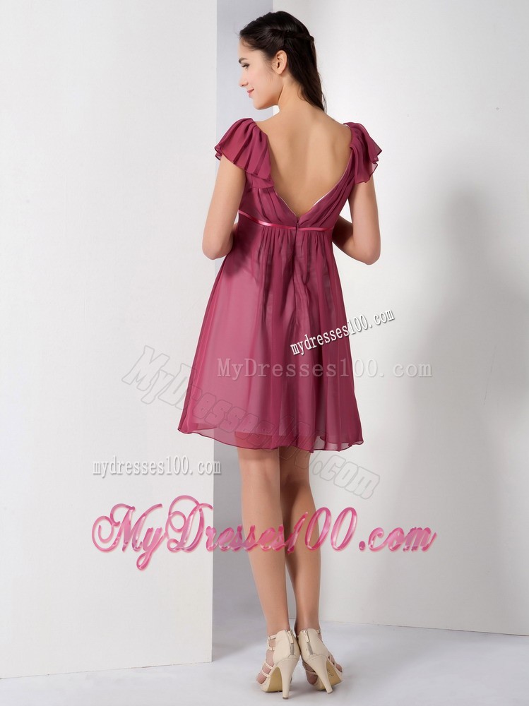 Burgundy V-neck Knee-length Prom Evening Dress with Ruching