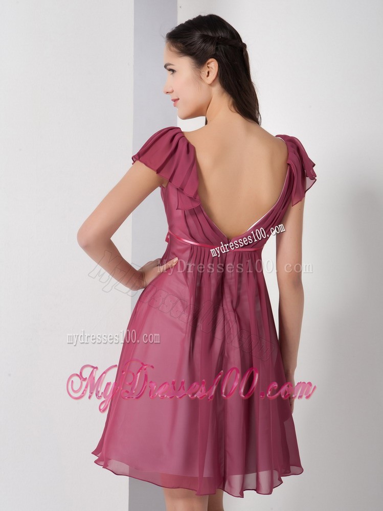 Burgundy V-neck Knee-length Prom Evening Dress with Ruching
