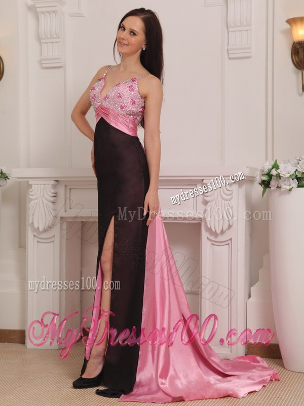 Pink and Black Column Straps Brush Train Beading Evening Dress