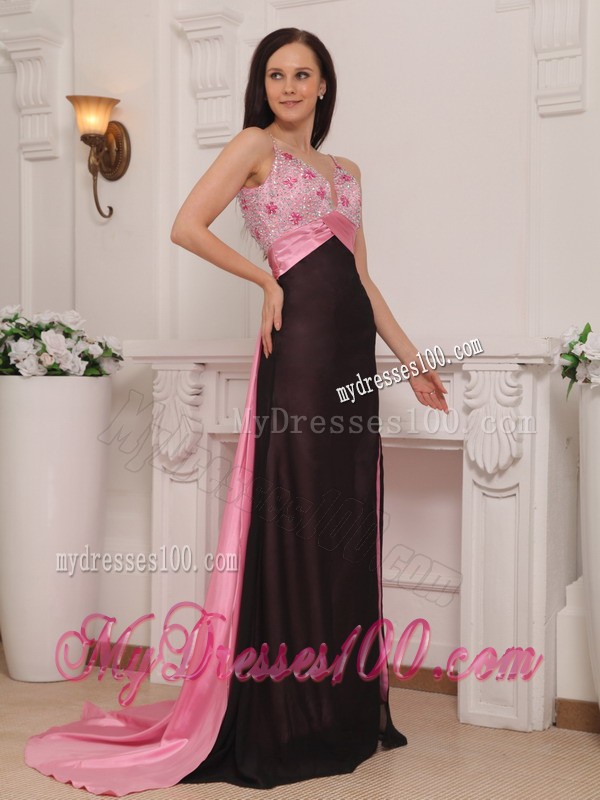 Pink and Black Column Straps Brush Train Beading Evening Dress