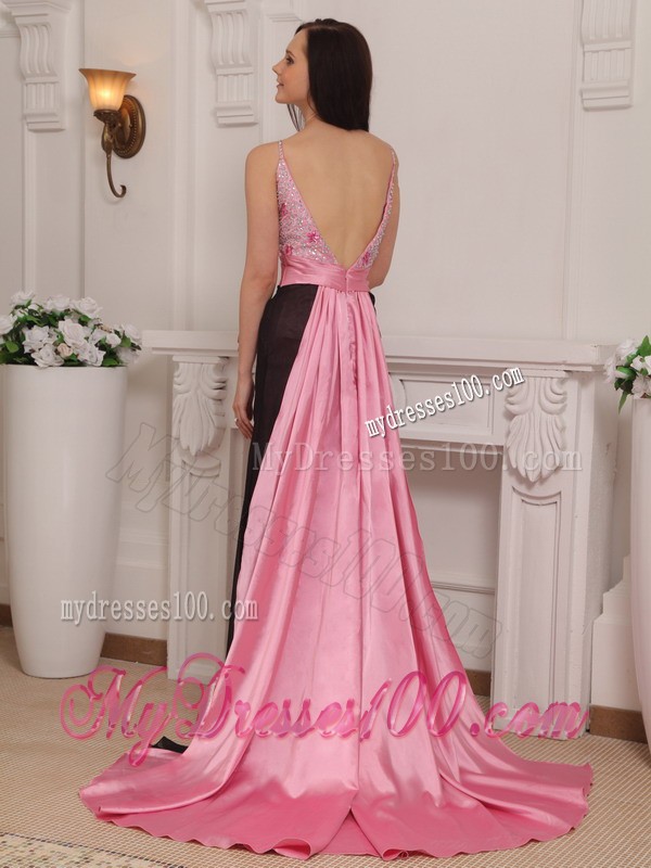 Pink and Black Column Straps Brush Train Beading Evening Dress