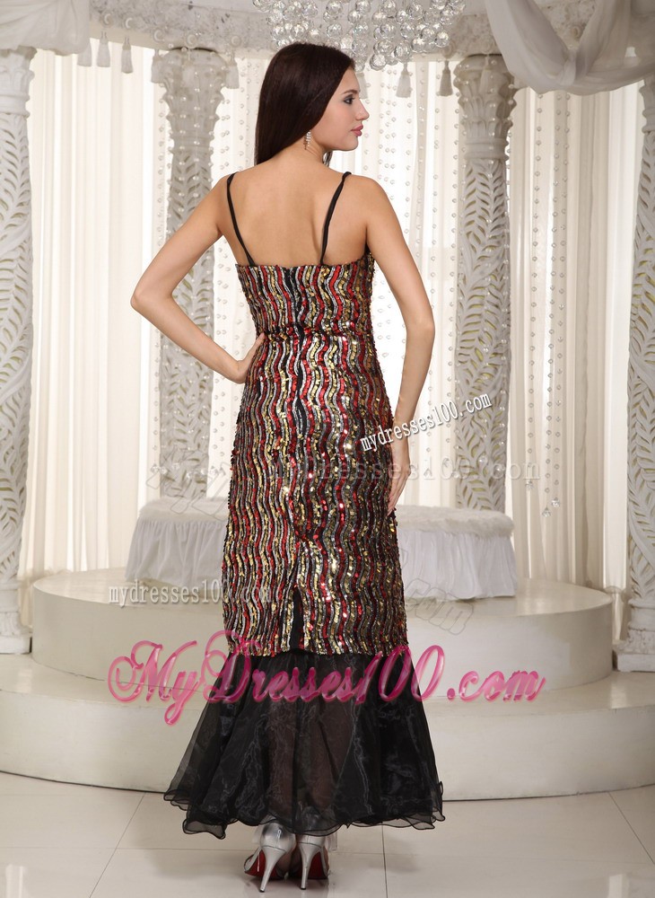 Colorful Column Straps Ankle-length Sequin Prom Evening Dress