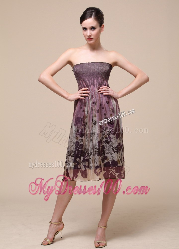 Colorful Bridesmaid Dress With Strapless Knee-length Printing