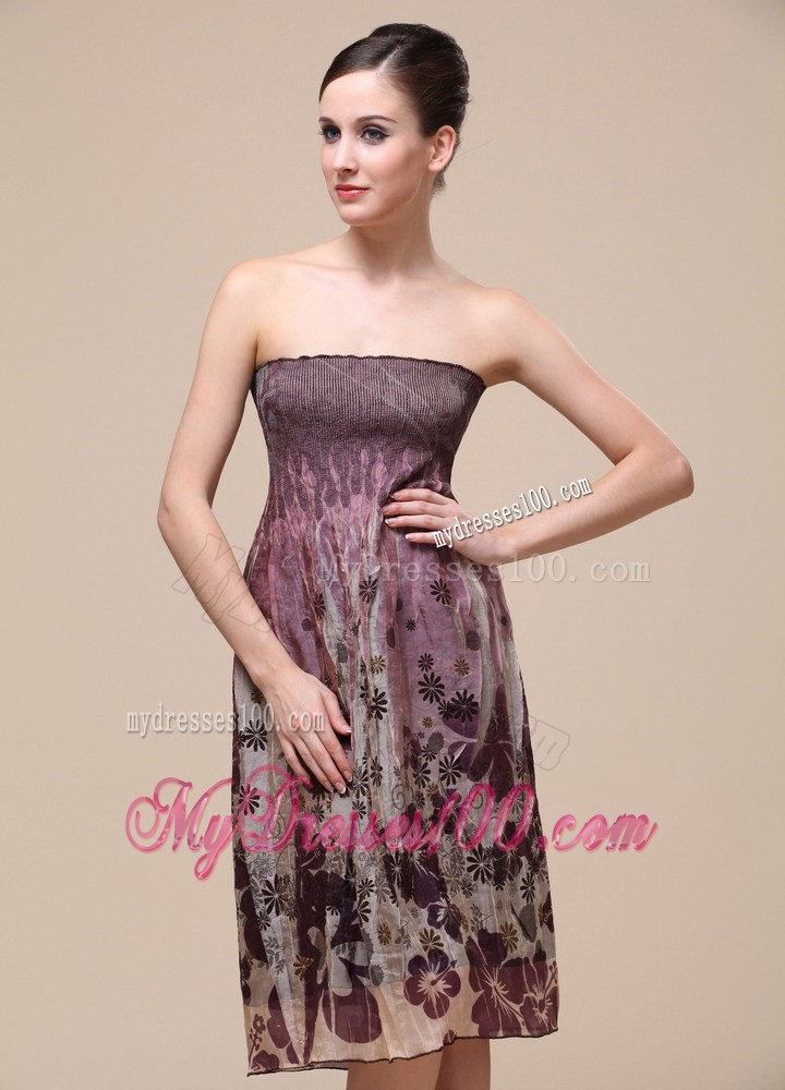 Colorful Bridesmaid Dress With Strapless Knee-length Printing