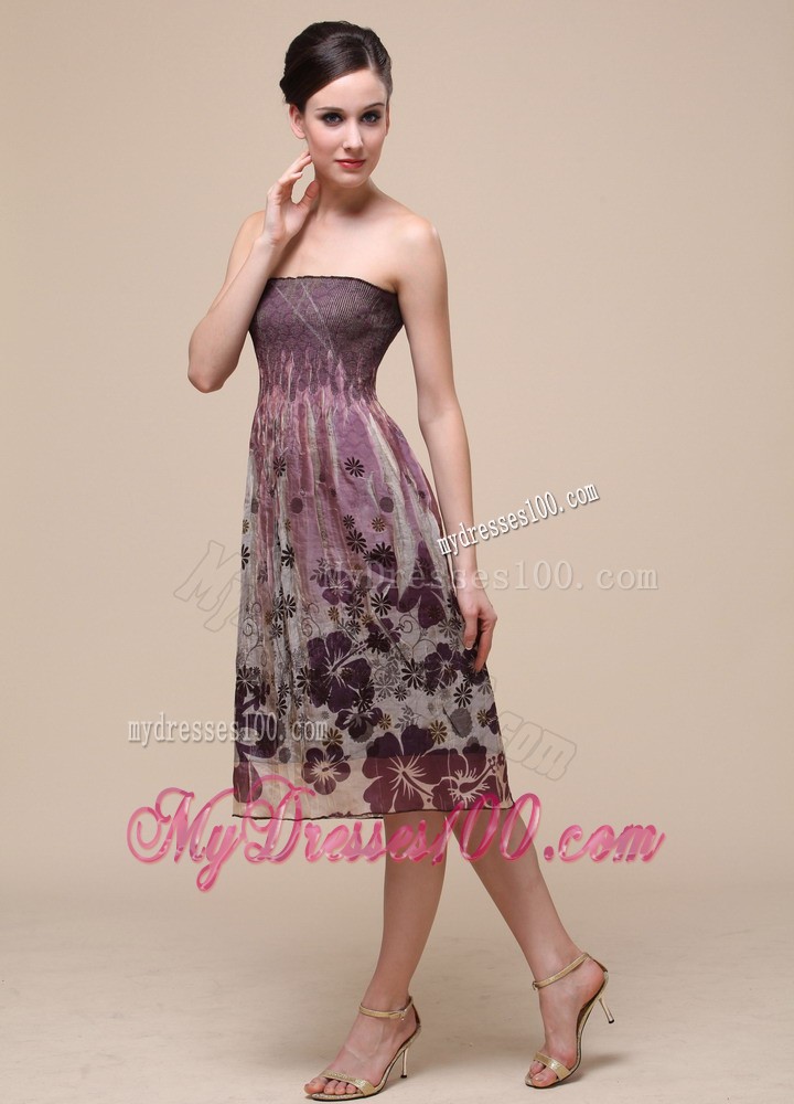 Colorful Bridesmaid Dress With Strapless Knee-length Printing