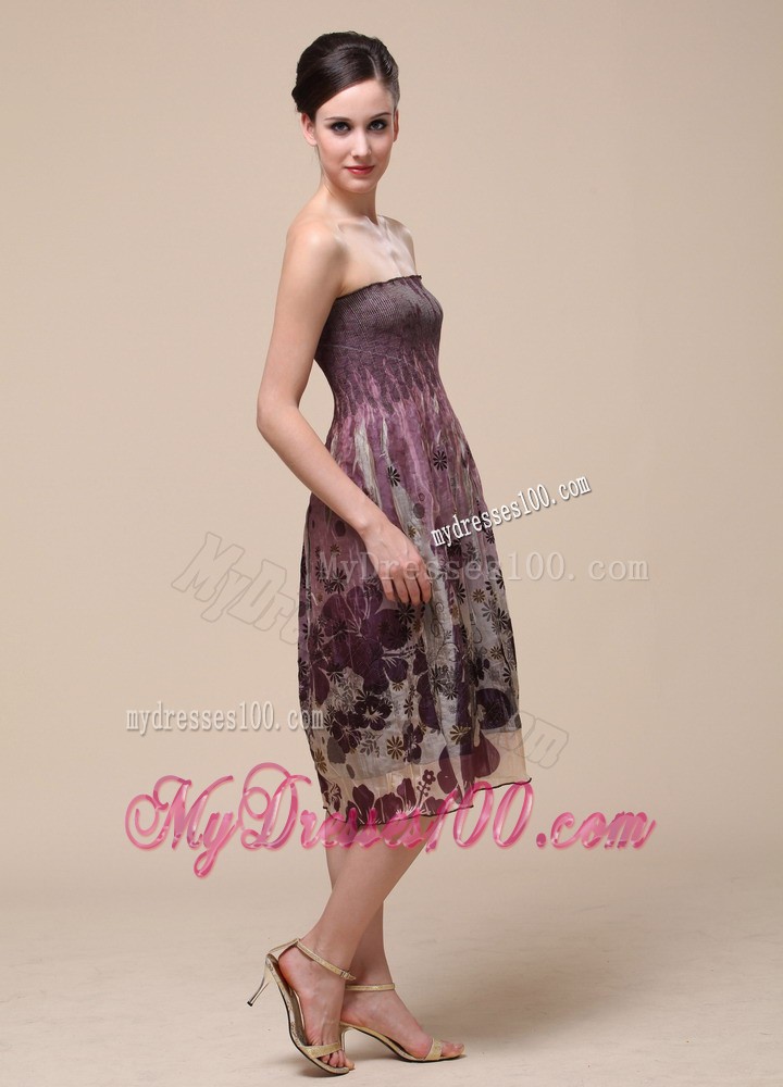 Colorful Bridesmaid Dress With Strapless Knee-length Printing