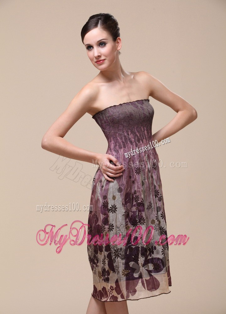 Colorful Bridesmaid Dress With Strapless Knee-length Printing