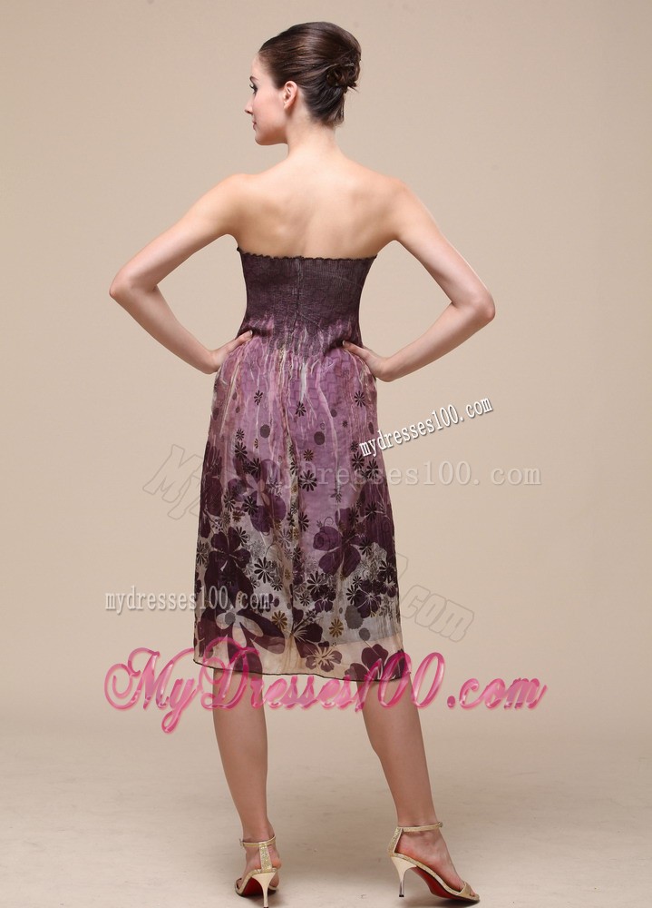 Colorful Bridesmaid Dress With Strapless Knee-length Printing