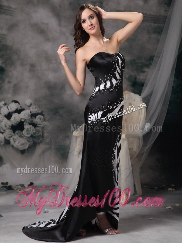 Luxurious Black Column Strapless Zebra Beading Evening Dress
