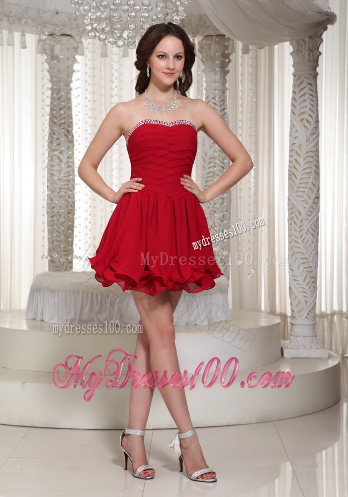 Red Ruched Bodice Prom Dress With Beaded Decorate For Evening