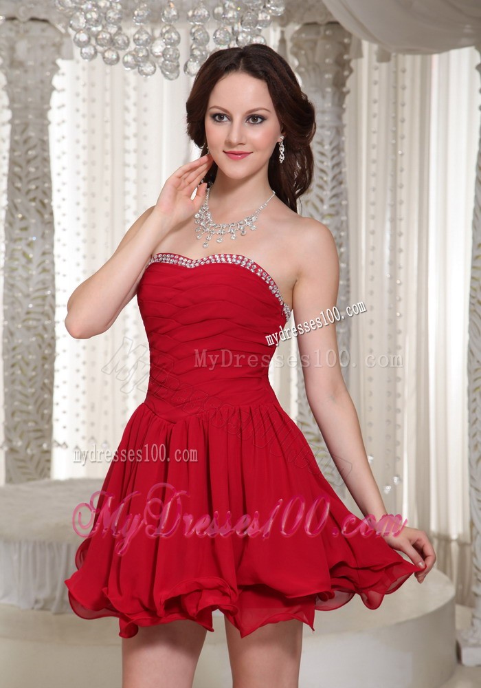 Red Ruched Bodice Prom Dress With Beaded Decorate For Evening