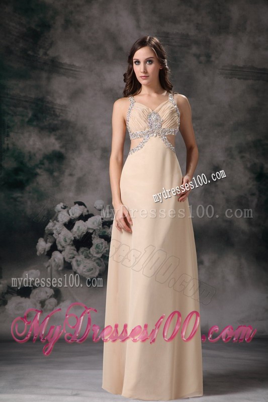 Champagne Column Straps Brush Train Evening Dress with Beading