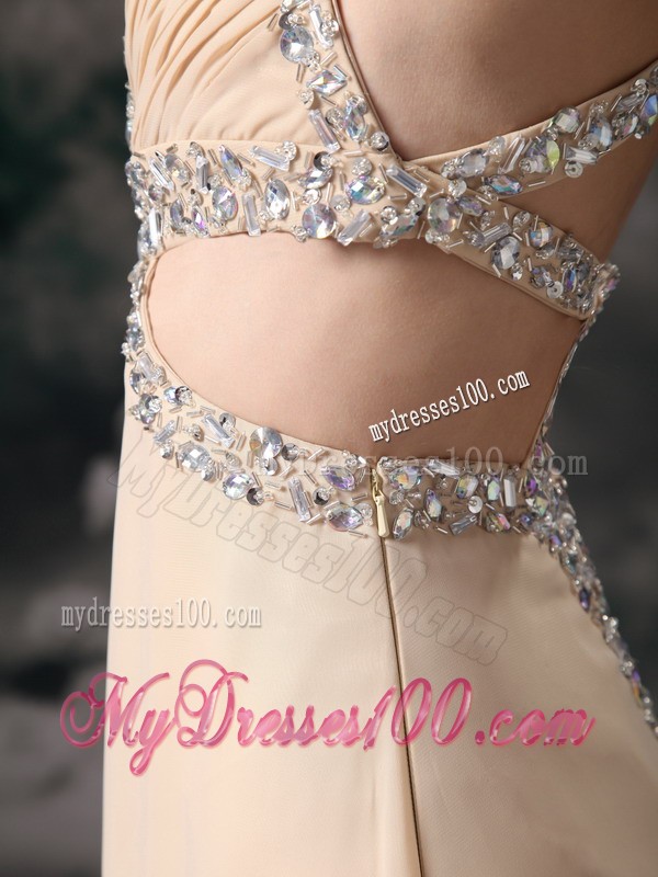 Champagne Column Straps Brush Train Evening Dress with Beading