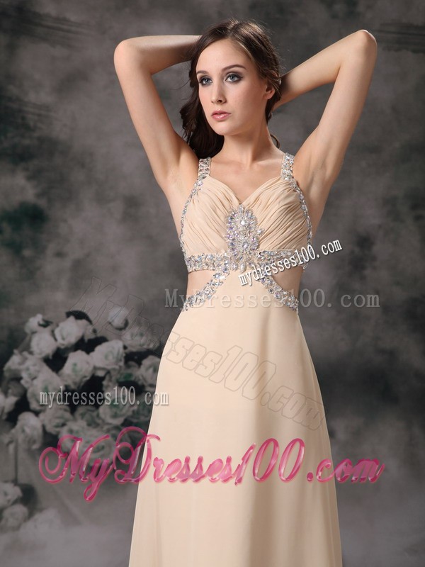 Champagne Column Straps Brush Train Evening Dress with Beading