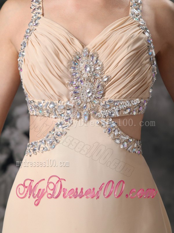 Champagne Column Straps Brush Train Evening Dress with Beading