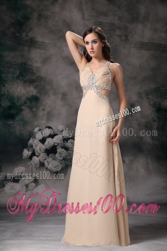 Champagne Column Straps Brush Train Evening Dress with Beading