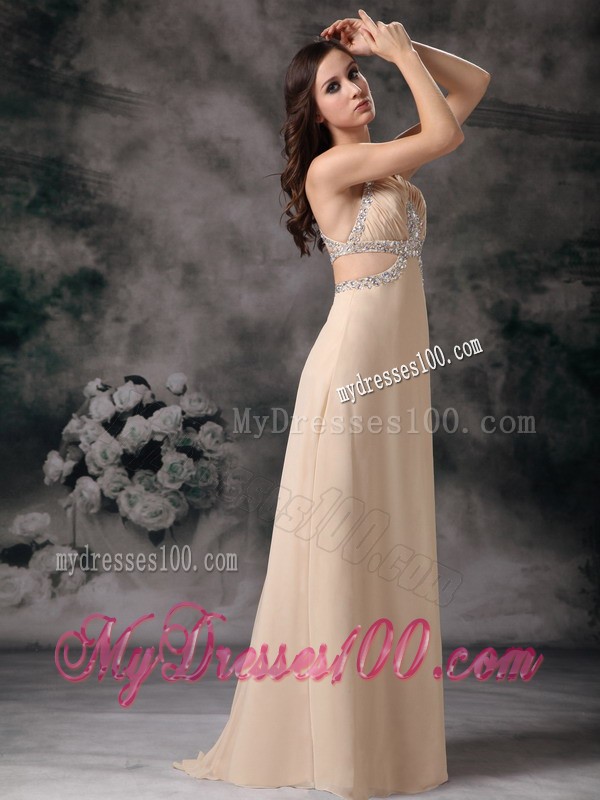 Champagne Column Straps Brush Train Evening Dress with Beading