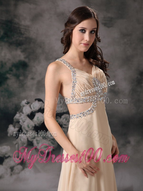 Champagne Column Straps Brush Train Evening Dress with Beading
