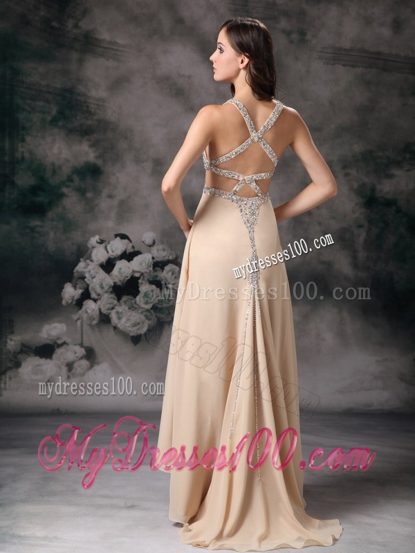 Champagne Column Straps Brush Train Evening Dress with Beading